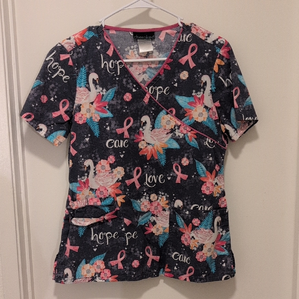 Cherokee Gray Floral and Swan Print Scrub Top